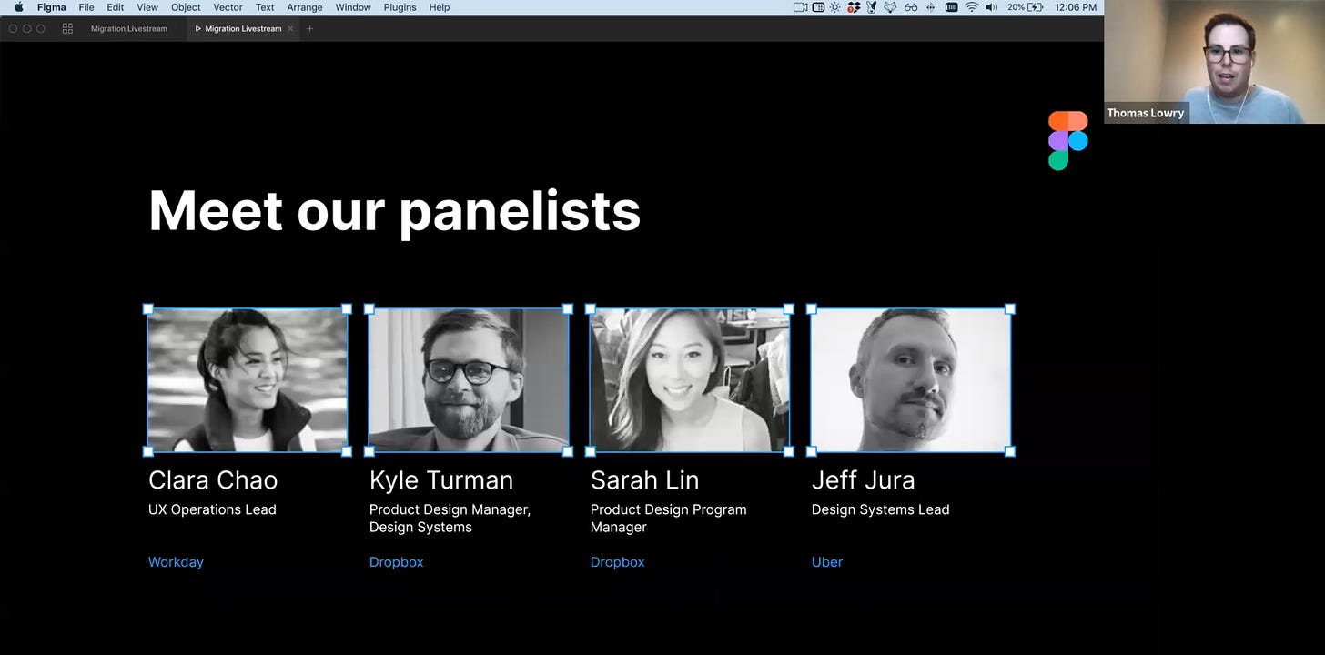 A screencap of the "Migrating to Figma" livestream where Tom is moderating a panel of four.