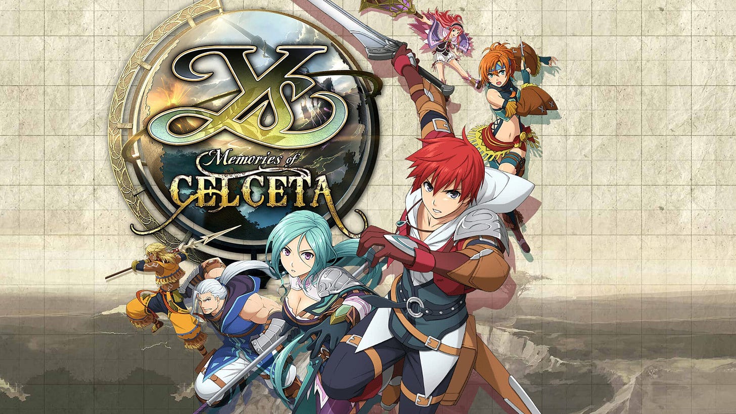 Promotional art for Ys: Memories of Celceta, featuring the cast of playable characters