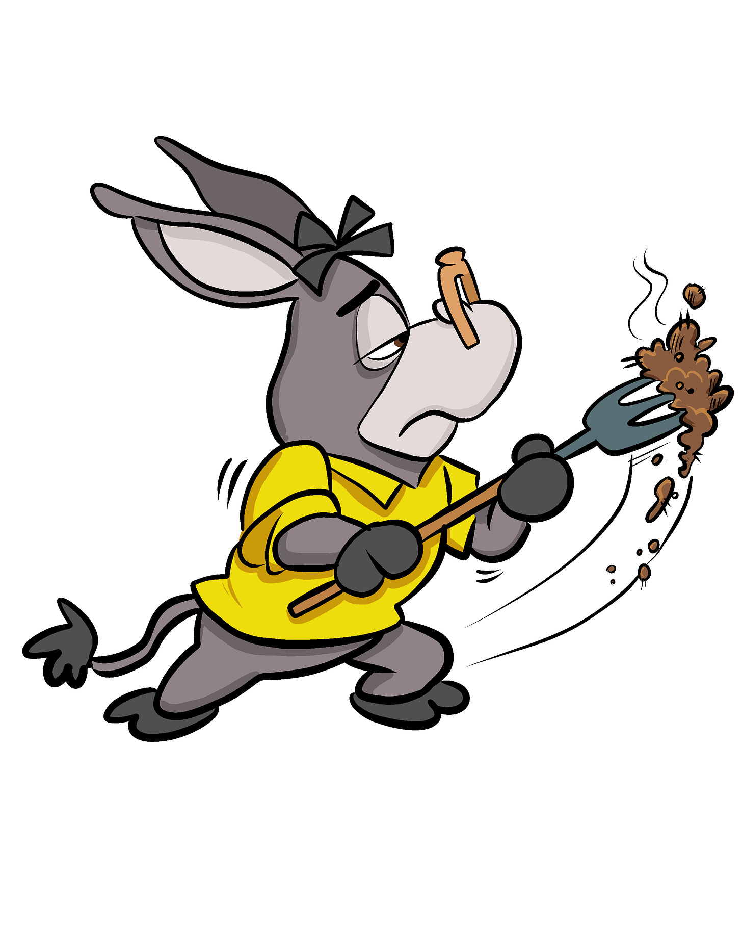 An illustration of Donkey Hoté the Jackass Letters mascot pitching manure.