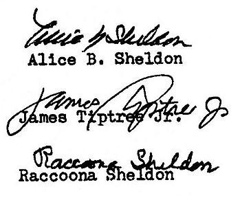 Archivo:Three autographs by Alice Sheldon and her pseudonyms.jpg -  Wikipedia, la enciclopedia libre