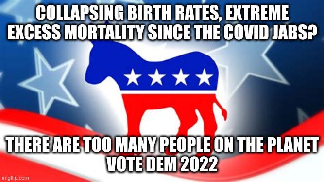  COLLAPSING BIRTH RATES, EXTREME EXCESS MORTALITY SINCE THE COVID JABS? THERE ARE TOO MANY PEOPLE ON THE PLANET
VOTE DEM 2022 | made w/ Imgflip meme maker