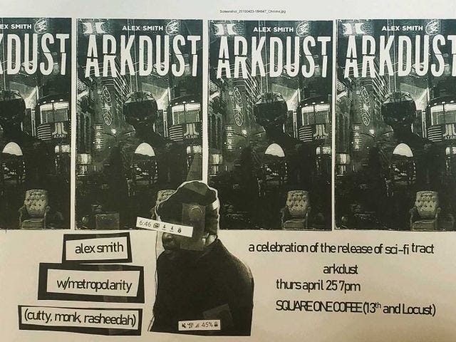 A cut and paste collage of the cover of Arkdust, an image of Alex, and details for the event