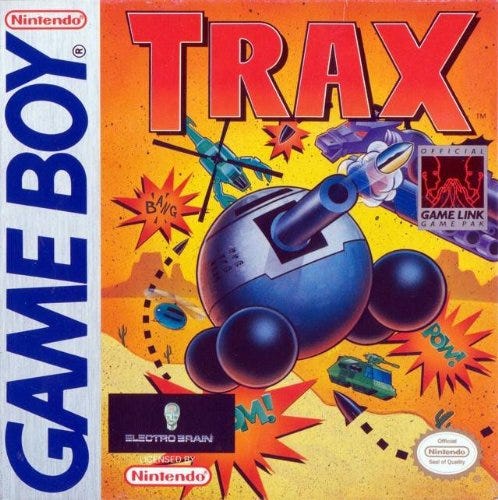 The North American box art for Game Boy title Trax, featuring the round tank you use in the game at its center, as well as the Electro Brain logo.