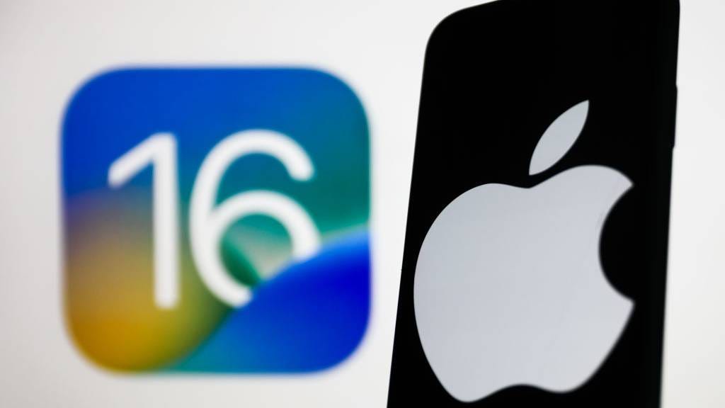 iOS 16 logo and Apple logo on a phone