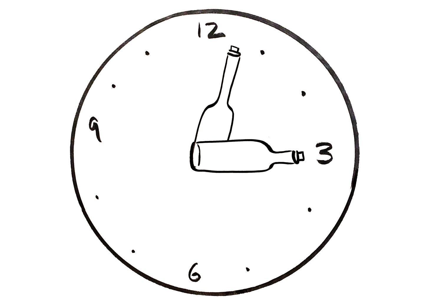 A clock where the hour and minute hands are wine bottles
