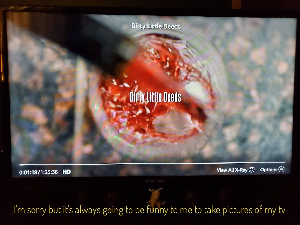 The title screen of Dirty Little Deeds, wine pouring into a glass, captioned "I'm sorry but it's always going to be funny to me to take pictures of my tv"