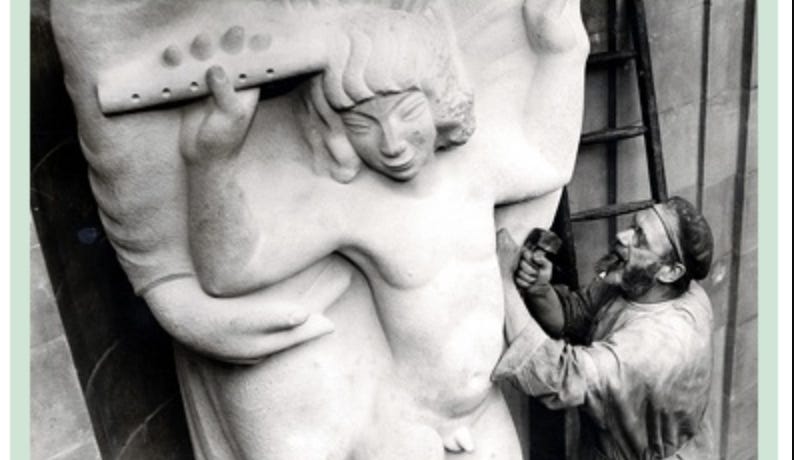 Image description: Black and white picture of pedophile Eric Gill, working on his sculpture. The work features Prospero and Ariel from Shakespeare’s play The Tempest, according to the pedophile. Ariel is shown as a very young naked “boy” with genitals in full view when in fact in Shakespeare’s play he was an ageless genderless spirit. Prospero is shown as a large adult man fully clothed with his hands gesturing and reaching out to hold naked young boy Ariel against his adult body.