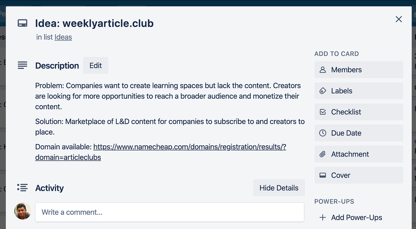 Screenshot of trello showing the idea for a "weeklyarticle.club" website