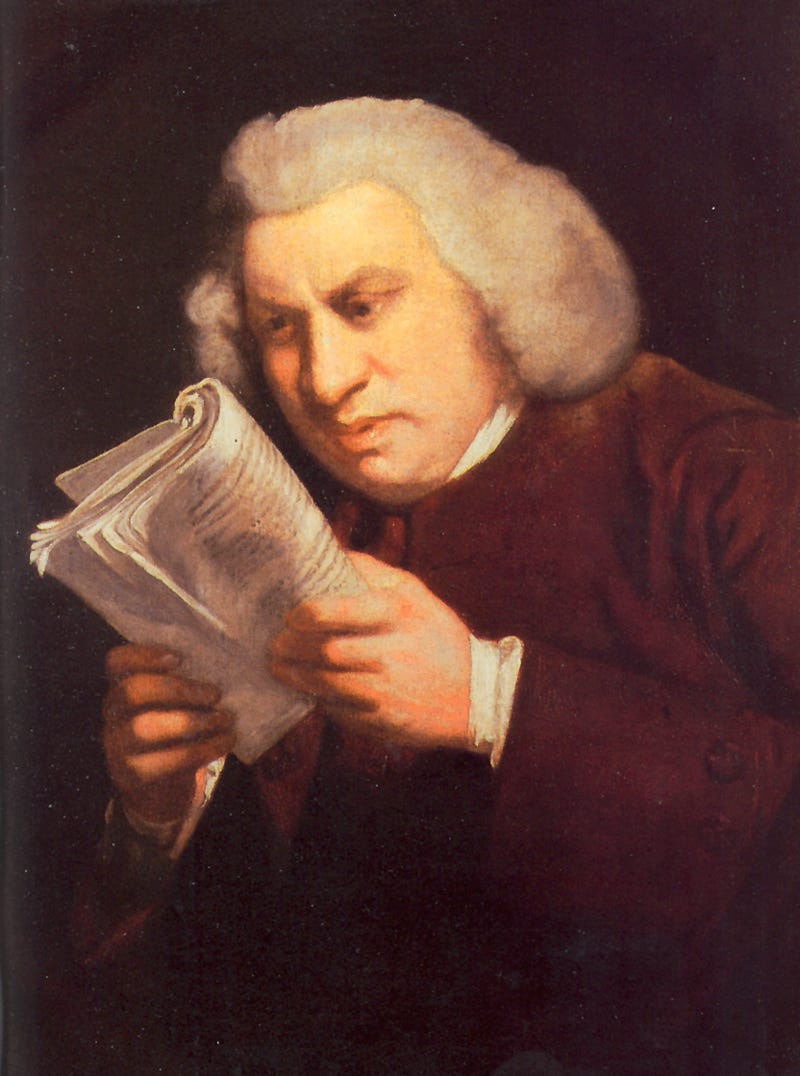 a painted portrait of samuel johnson holding a book very close to his face and looking peevish