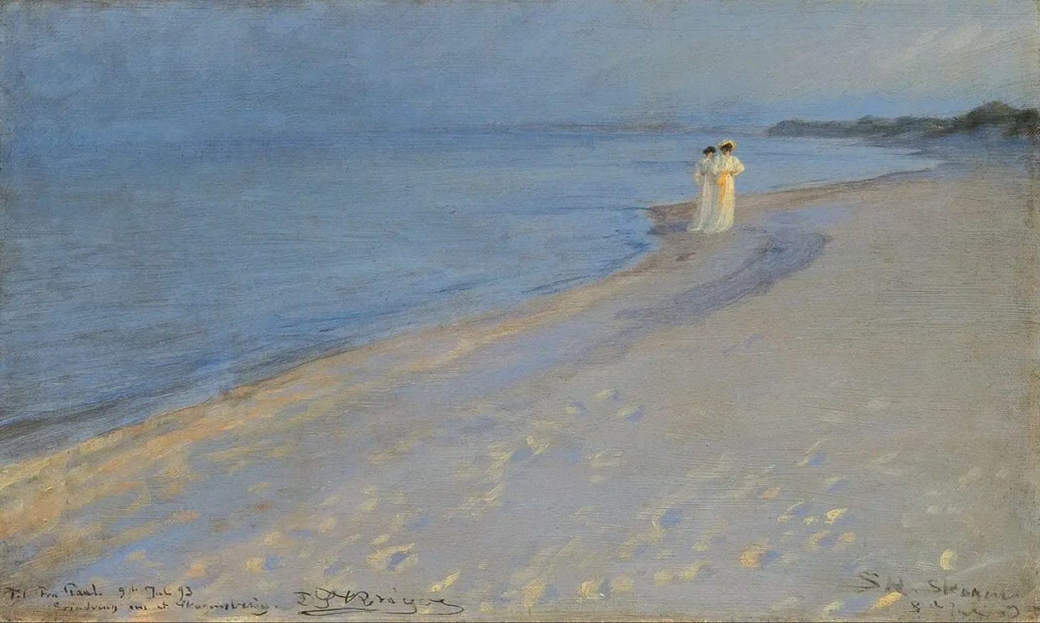 Peder Severin Krøyer. Summer evening on the southern beach of Skagen. Anna Archer and Marie Krøyer