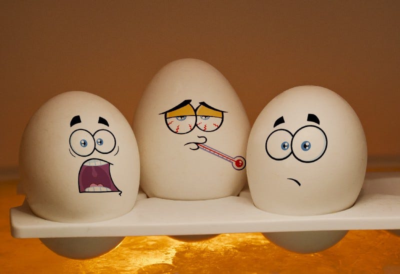3 eggs displaying emotions of shoch, sick and shock