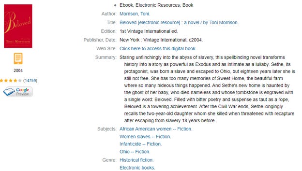 Screenshot of public library catalog record of Toni Morrison's Beloved. Includes bibliographic information, the red cover of Beloved, a summary, and subject headings: "African American women -- Fiction," "Women slaves -- Fiction," "Infanticide -- Fiction," and "Ohio -- Fiction."