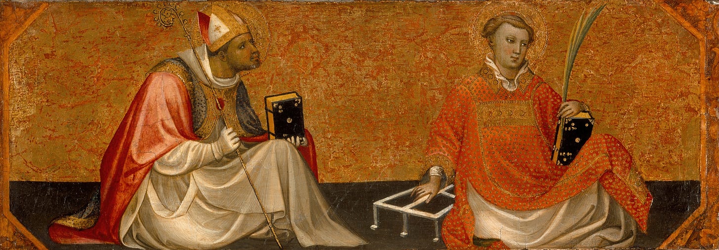 A Bishop Saint and Saint Lawrence (circa 1404-1407) by Gherardo Starnina (Italian, c. 1360–1413)