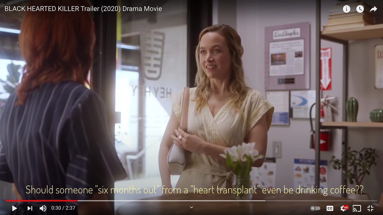 Vera, a blonde white woman in a wrap dress, with a large scar on her chest, in a coffeeshop, captioned "should someone 'six months out' from a 'heart transplant' even be drinking coffee?"