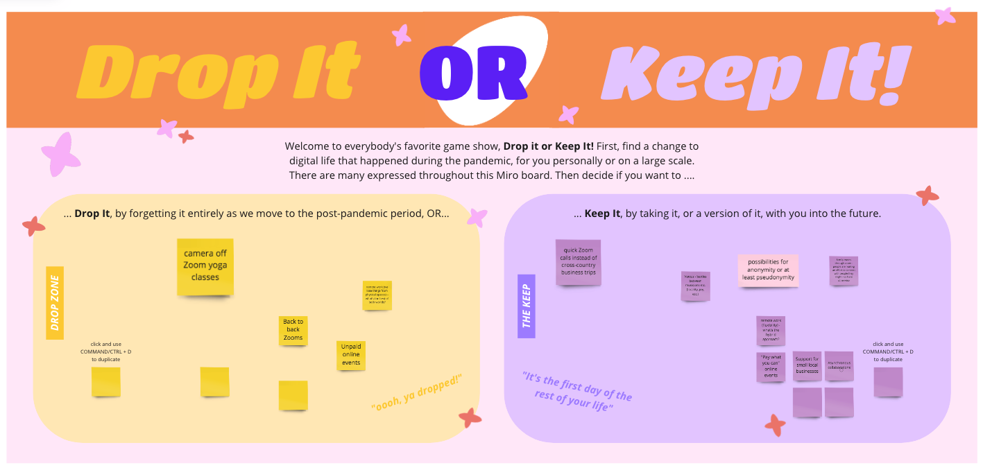 Image description: This is a thought bubble exercise where the user can decide what ideas are worth keeping and which are worth dropping. The box is illustrated in orange, violet, and yellow. 