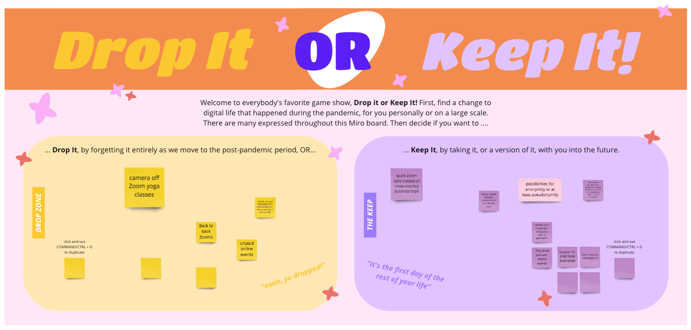 Image description: This is a thought bubble exercise where the user can decide what ideas are worth keeping and which are worth dropping. The box is illustrated in orange, violet, and yellow. 