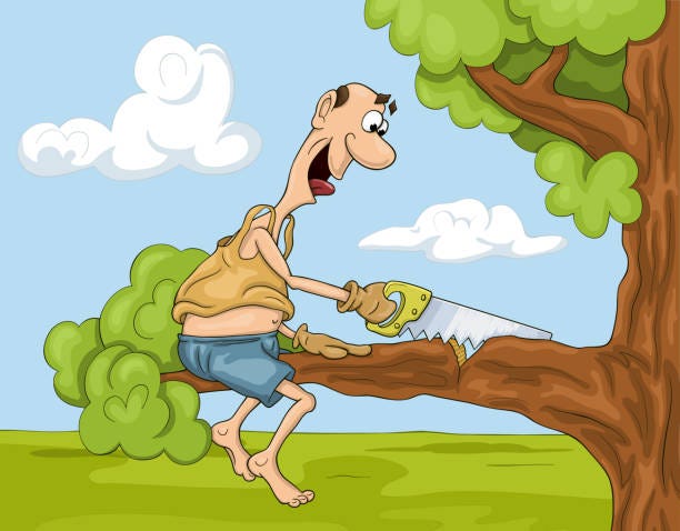 Cartoon man with saw on the tree Funny and  not very clever cartoon man is sawing a tree brunch he is sitting on stupid guys stock illustrations