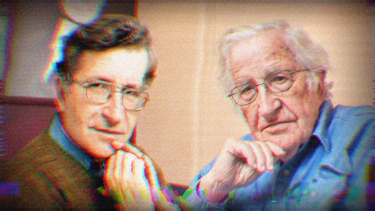 Two photos of Noam Chomsky; one is him as a younger man, one of him older with grey hair.