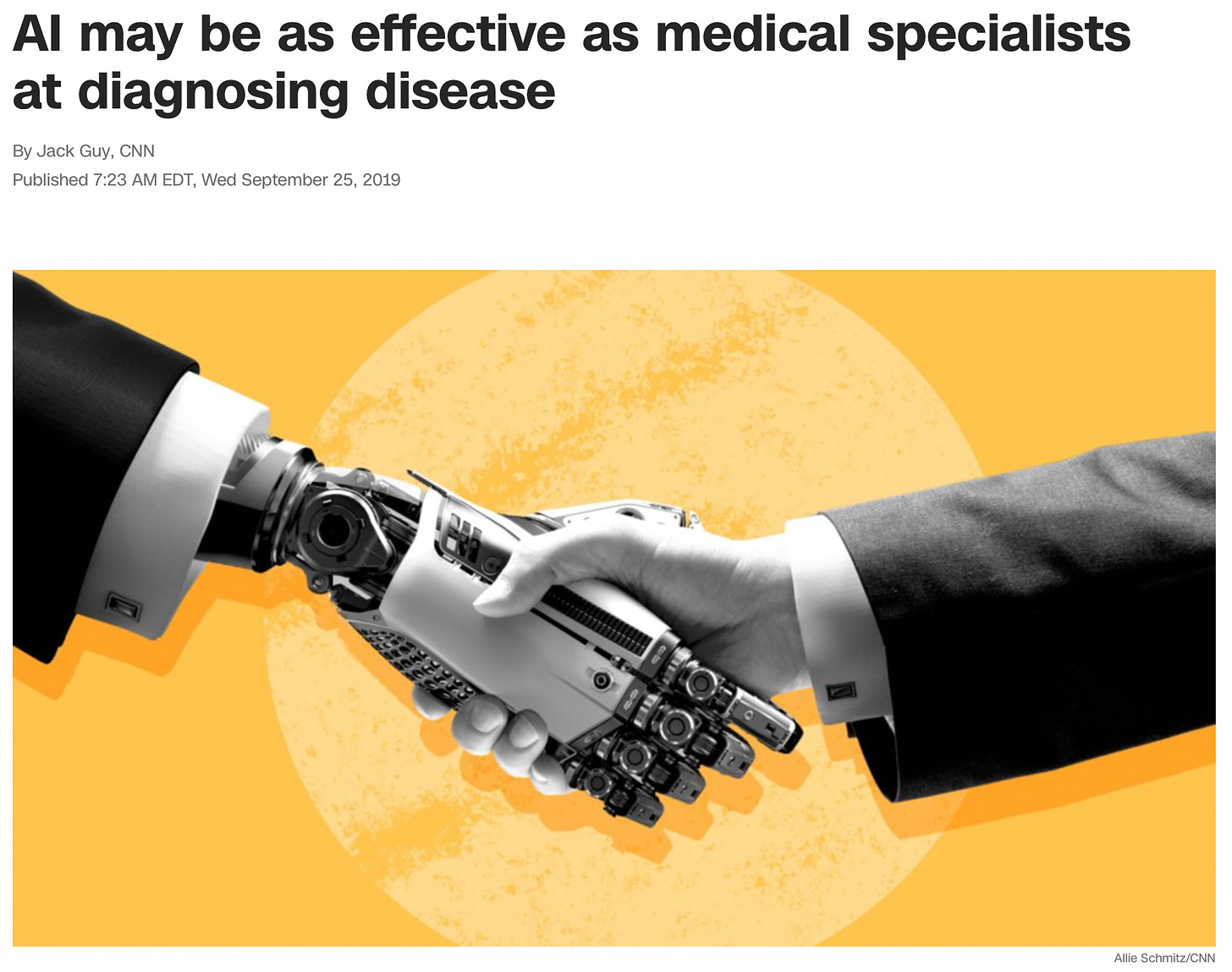 A screenshot of a CNN Health news article which says AI might be as effective as medical specialists at diagnosing disease. The cover image is a human hand shaking hands with a robot hand.