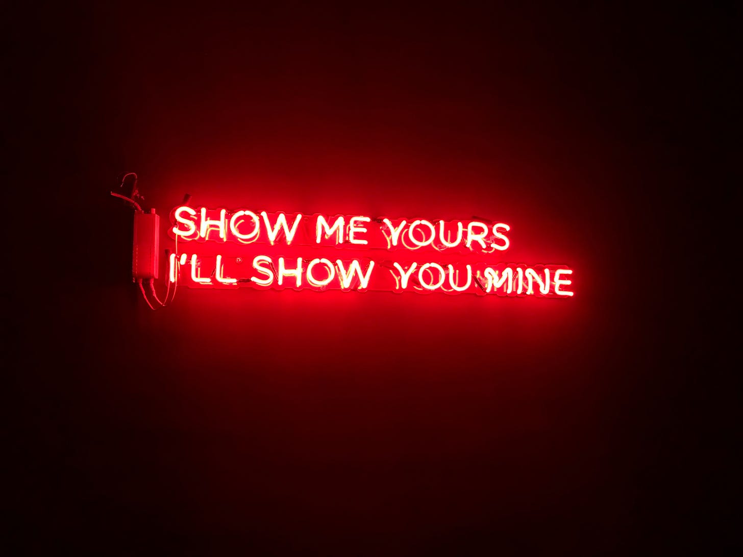 Photo of a red neon sign with the words "Show me yours / I"ll show you mine")(Julio Tirado / Unsplash)