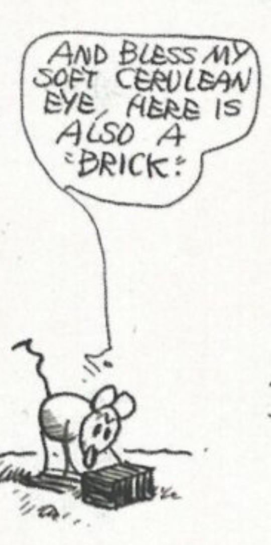 A detail of a Krazy Kat comic where Ignatz the mouse bends down to pick up a brick, saying "And bless my soft cerulean eye, here is also a 'brick'."