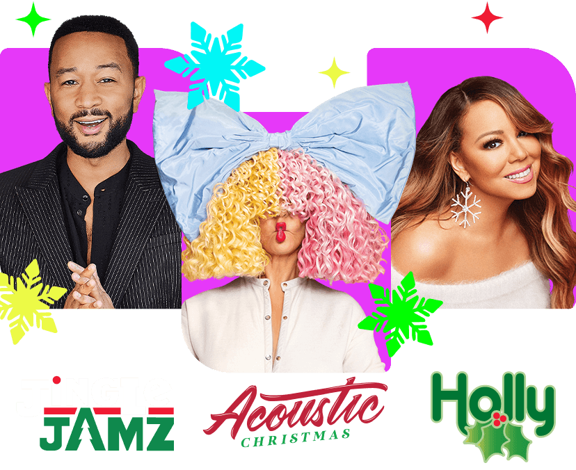 John Legend for Jingle Jamz, Mariah Carey for Holly, and Sia for Acoustic Christmas