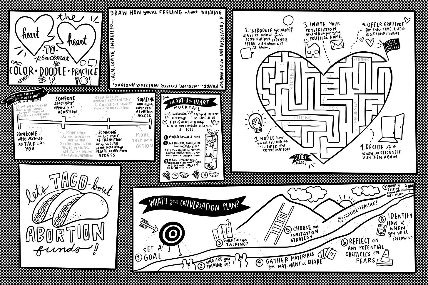 A hand-drawn worksheet made to look like a diner placemat with different activities such as a maze to help folks talk about abortion