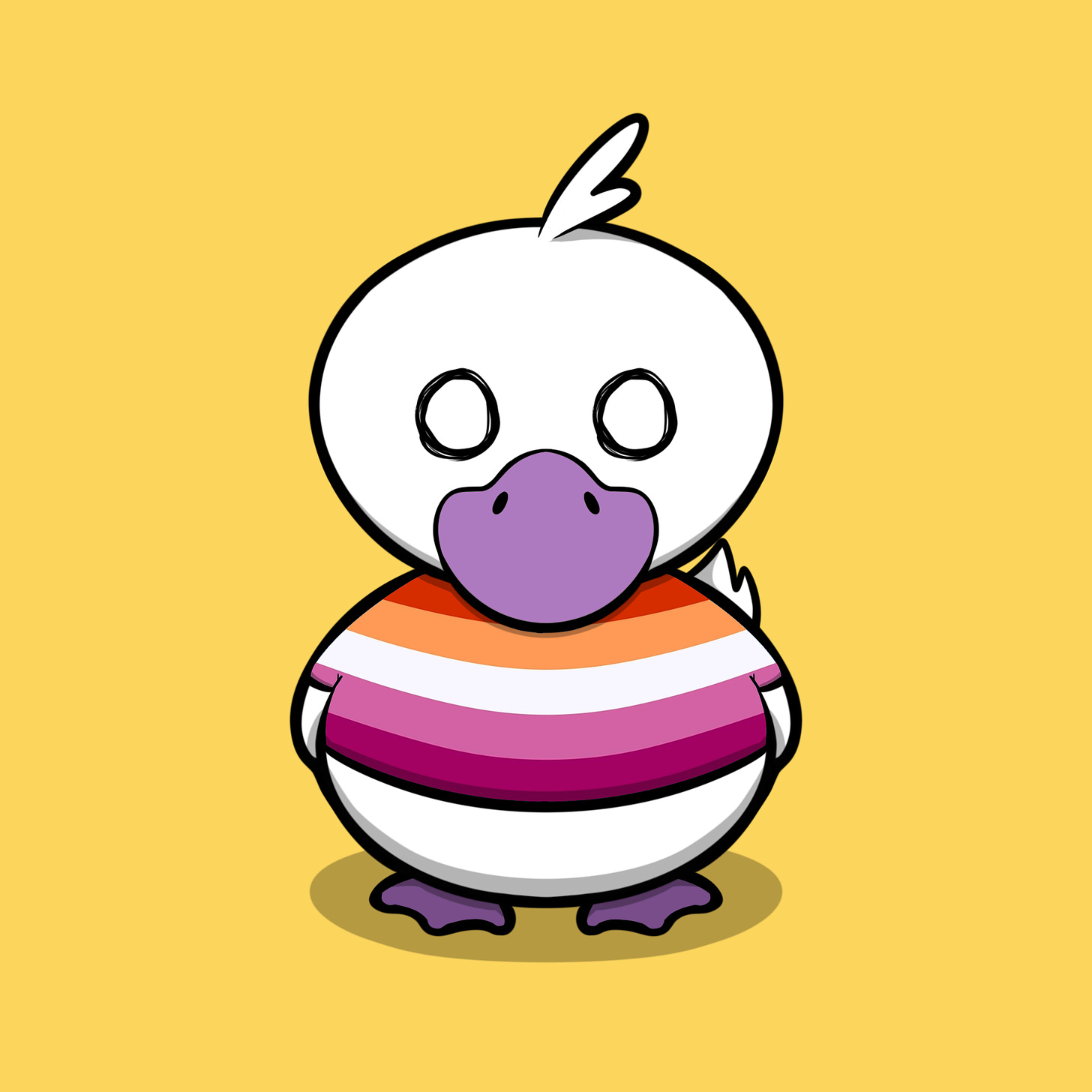 A lesbian pride shirt-wearing duck on a yellow background.