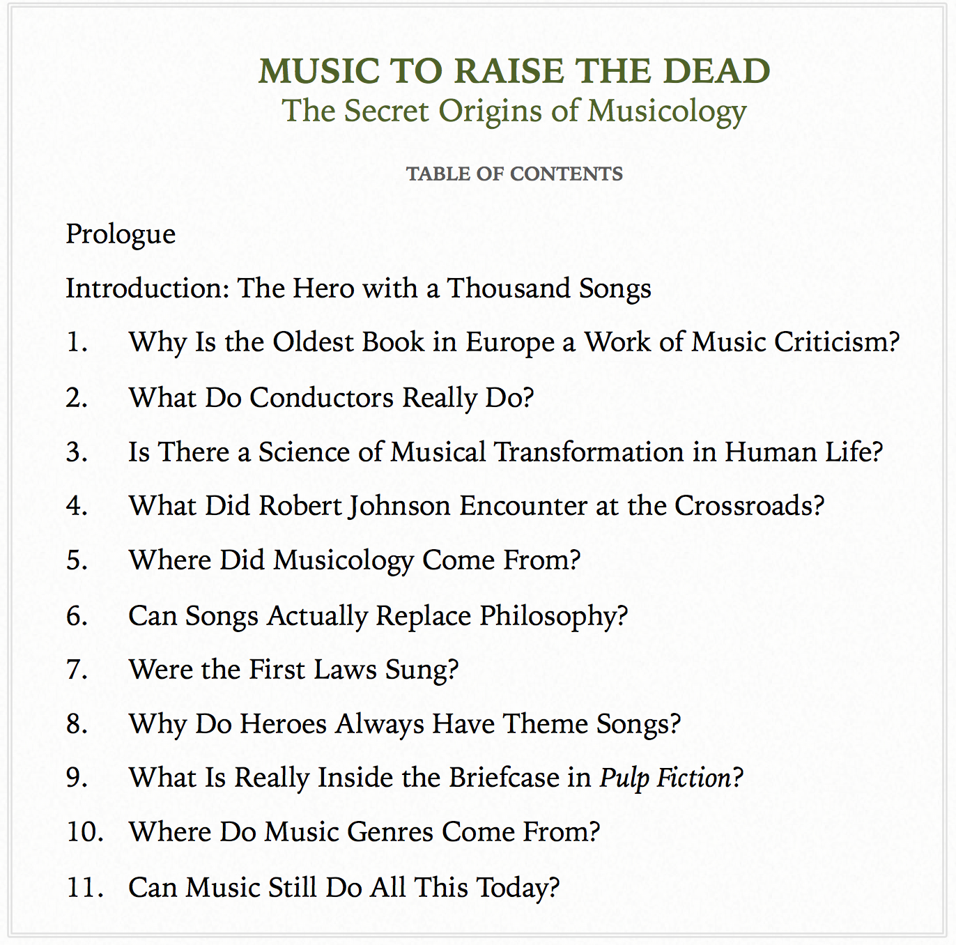 Table of Contents for Music to Raise the Dead 