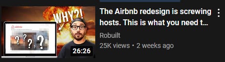 A thumbnail from the YouTube video mentioned on the text. It reads “The Airbnb redesign is screwing hosts”.