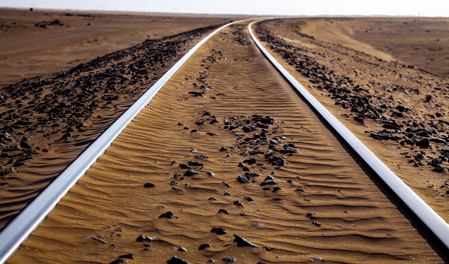 Train tracks in desert.