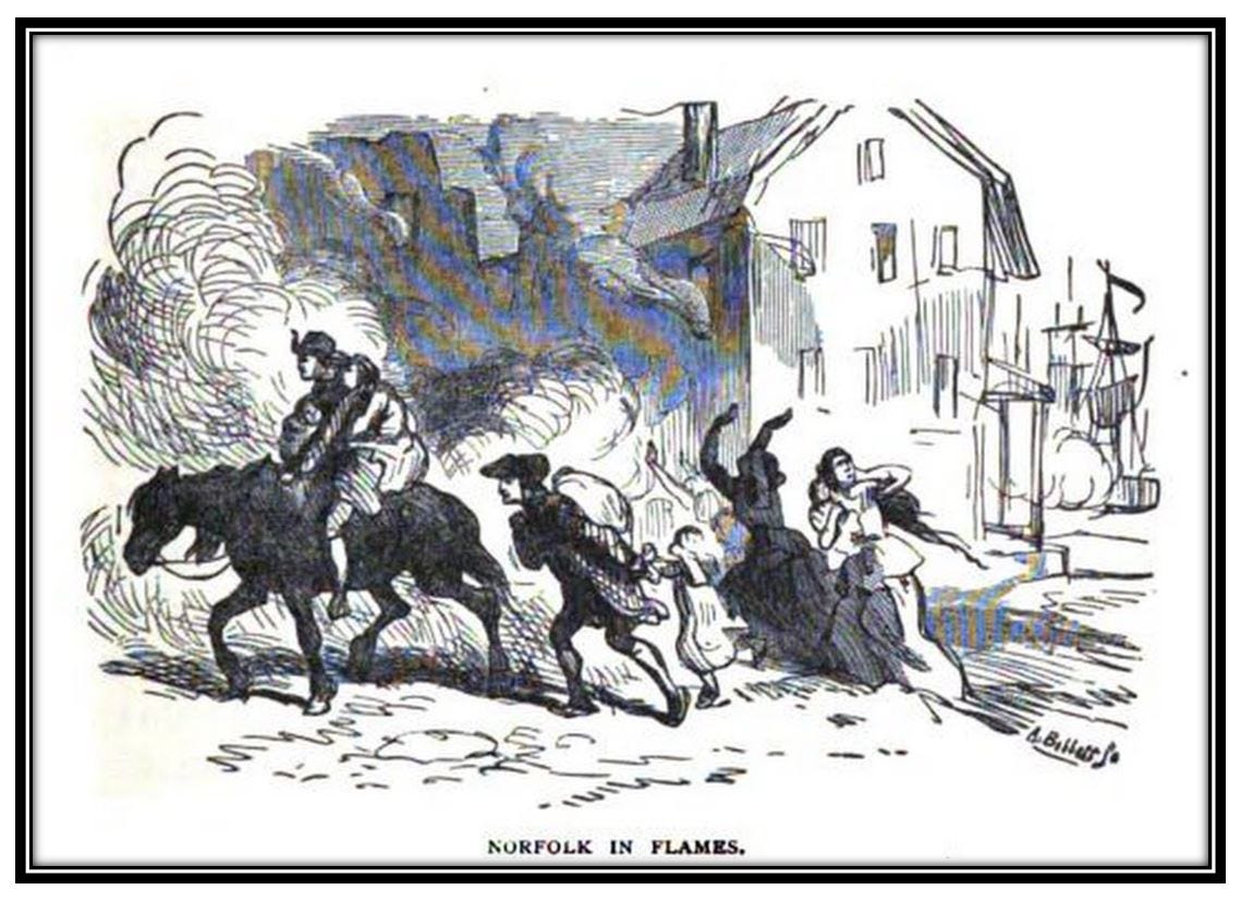 The sketch is of Norfolk in flames. People flee on horseback and on foot. 