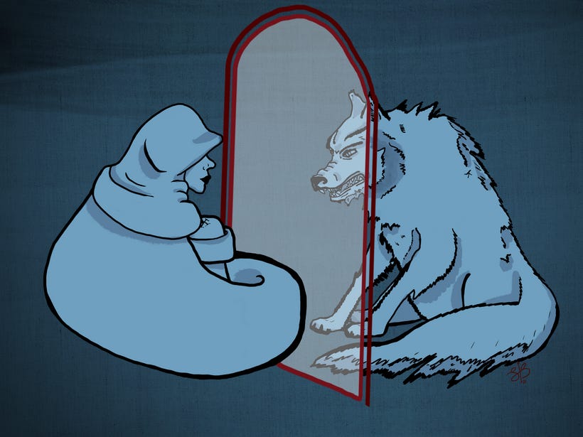 a woman in blue looks through a mirror, but her reflected image is a wolf, not herself.