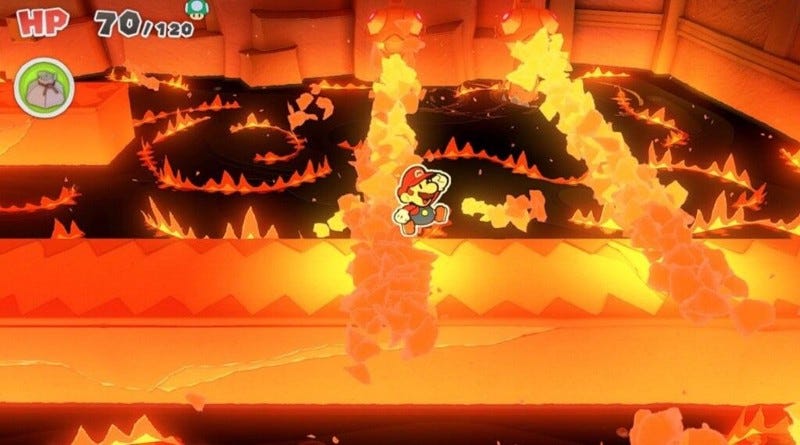 Mario jumping over some requisite fire traps.