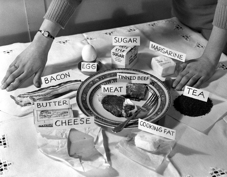 r/interestingasfuck - WW2 FOOD RATIONING in the UK: 1 week of food for 1 person during rationing period 1939-1954, strictly controlled by government book stamps.