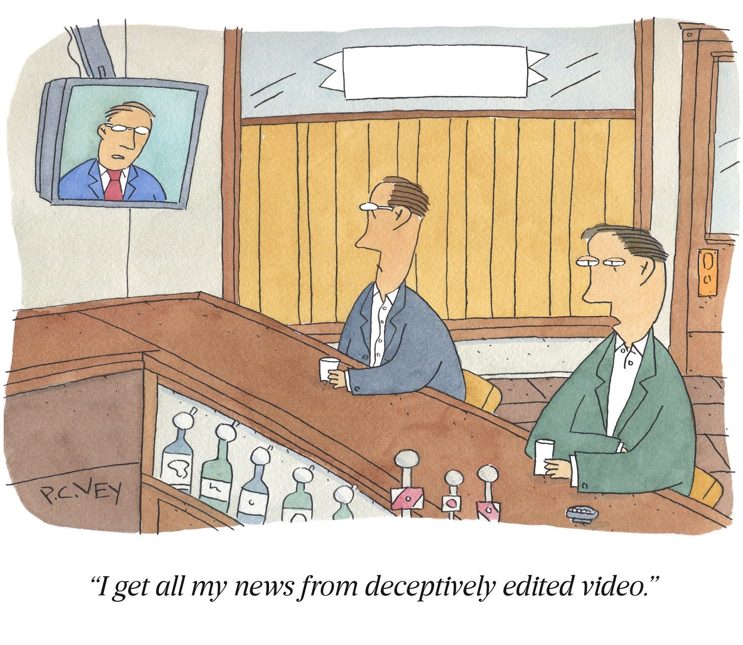 Cartoon of men at bar with news on tv. One says I get all my news from deceptively edited videos