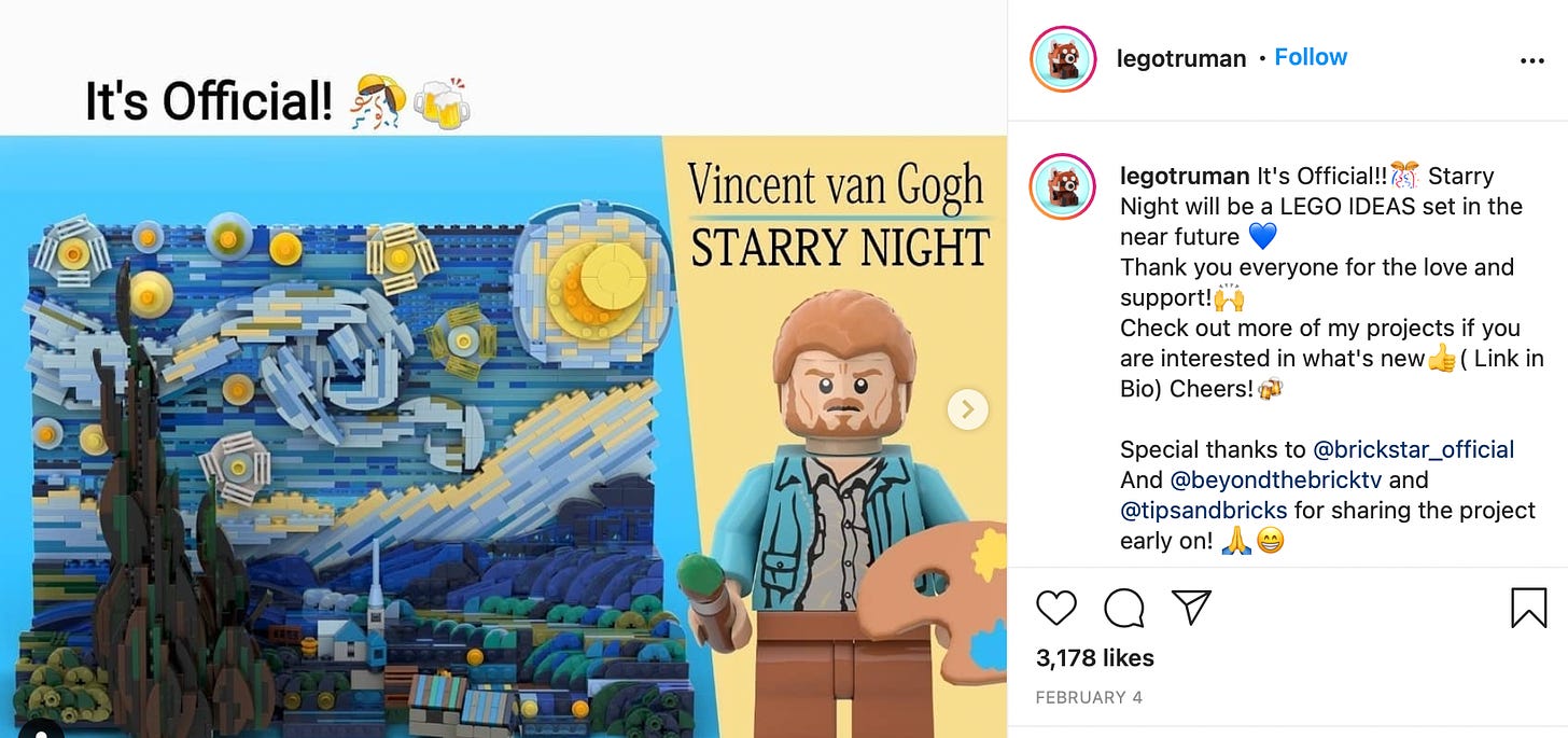 screenshot of Instagram account of legotruman, showing that the Vincent van Gogh's famous painting, The Starry Night is gonna be modelled into a LEGO product!