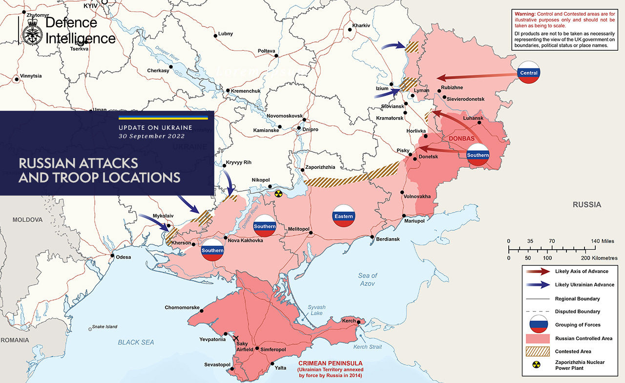 Russian attacks and troop locations map (30 September 2022)