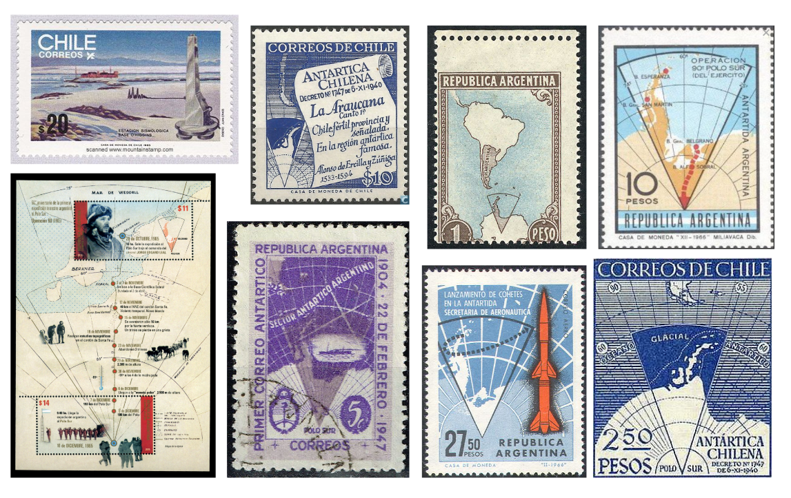 Eight stamps from Chile and Argentina showing their claims to Antarctic territory.