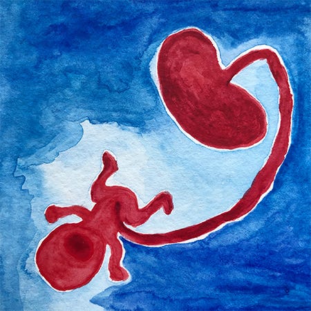 Rainbow Squared, Year 1, 29. Blue Red. A watercolor painting with a red baby figure attached by a cord to a placenta shape almost positioned as a speaker. The baby, cord, and placenta are all red on top of a blue painted background. 