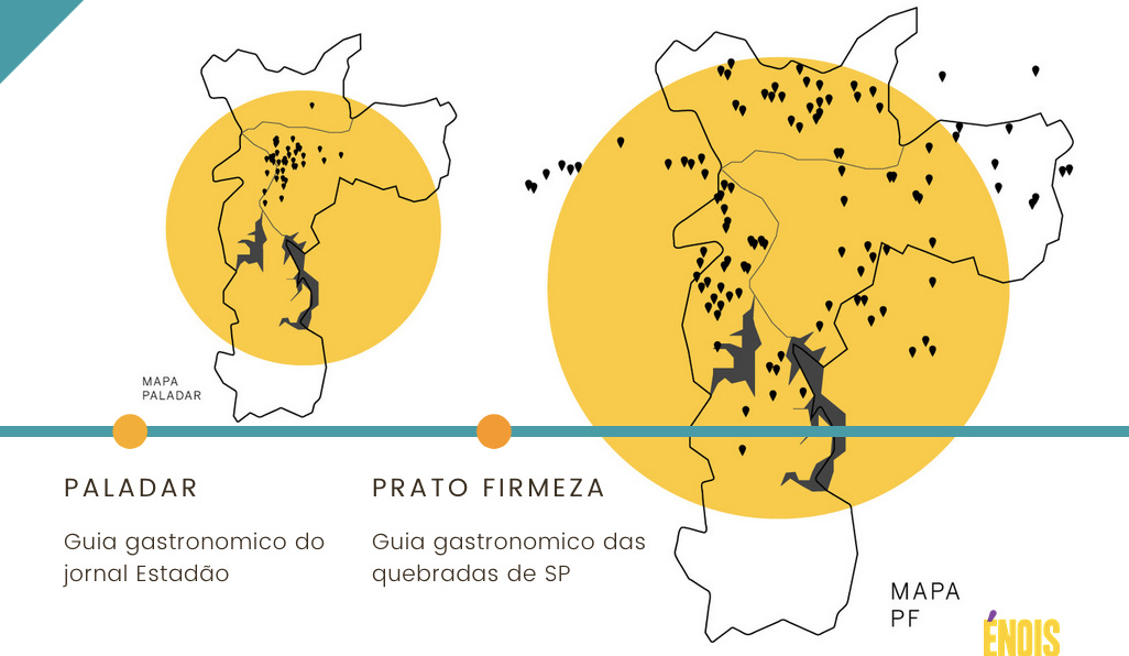 Mapa da Énois Conteúdo mostra a diferença do alcance geográfico do Guia Gastrômico Prato Firmeza, com grande alcance nas periferias.