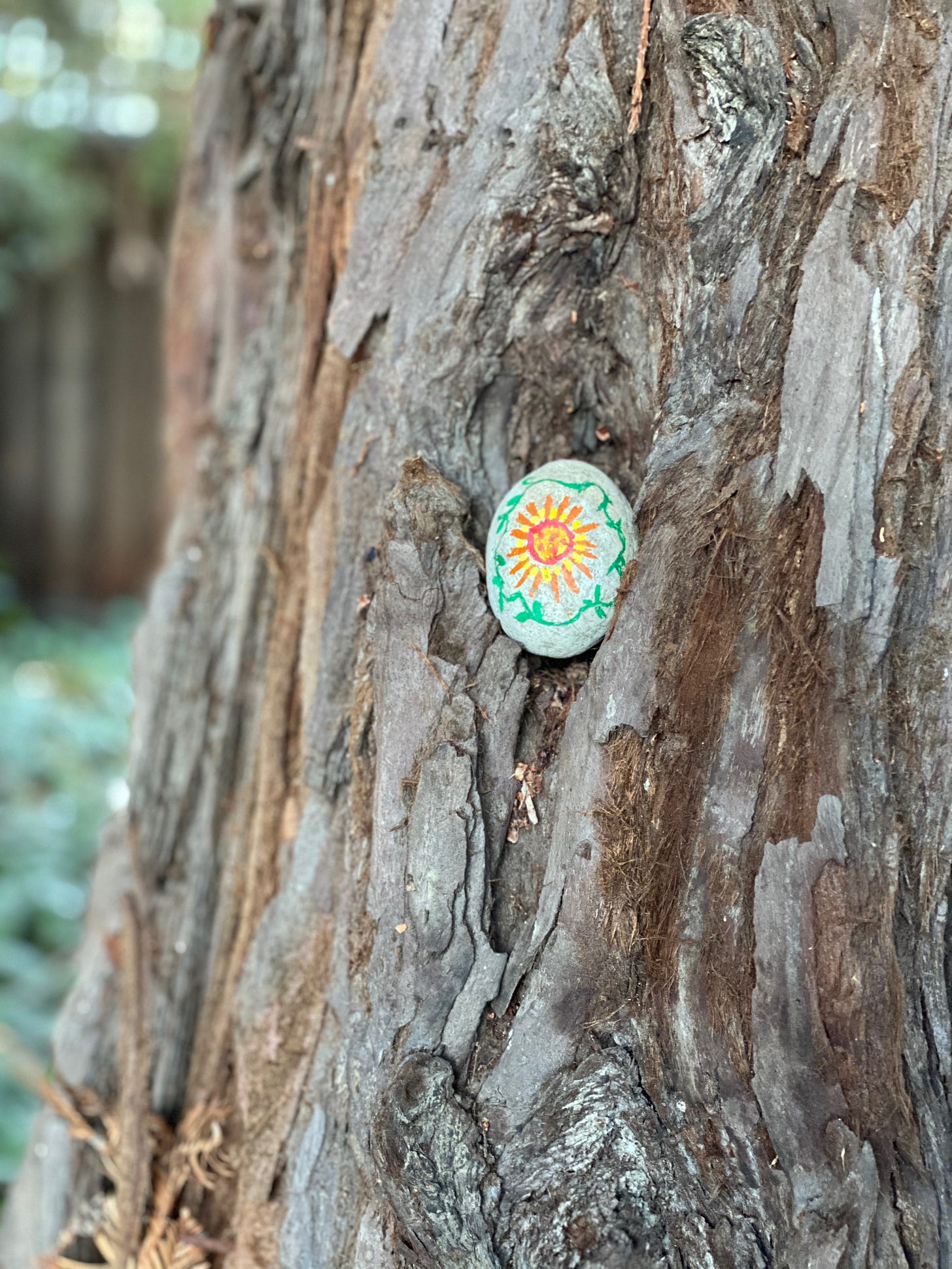 A rock, with a sun painted in the middle, is buried into the recess of a tree trunk.