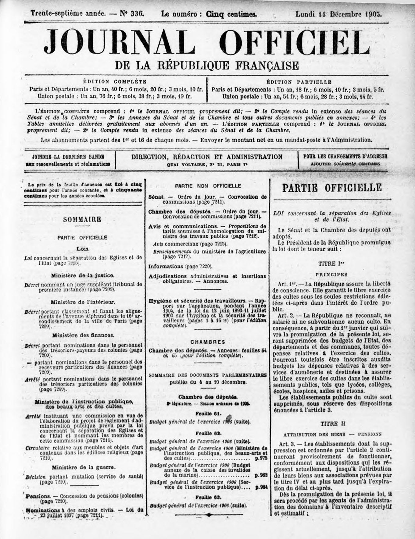 Journal officiel de la République, décembre 1905, page 1, avec le début du texte sur la loi de déparation de l'Église et de l'État