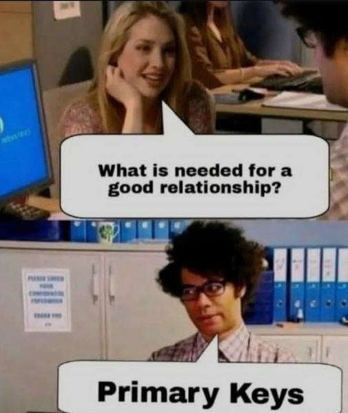 May be a meme of 4 people and text that says 'What is needed for good relationship? PREEONS 18ES4 Primary Keys'