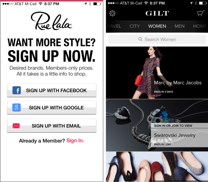 Two fashion sites, side by side. The left side has a login wall that forces you to sign up before seeing any content, while the right allows you to browse before signing up to check out.
