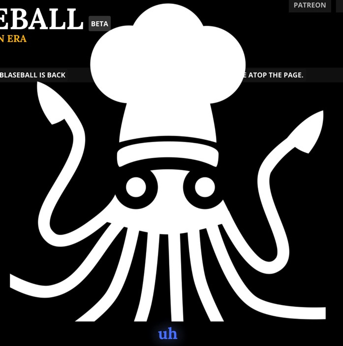a screenshot from blaseball, showing an image of a stylised squid wearing a chef's hat with blue text reading 'uh' underneath.