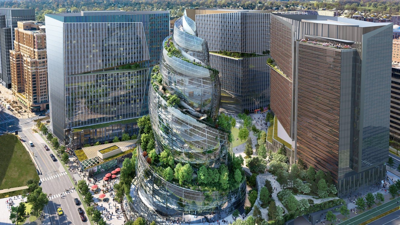 An aerial view rendering of The Helix on Amazon's PenPlace campus in Arlington, Virginia.