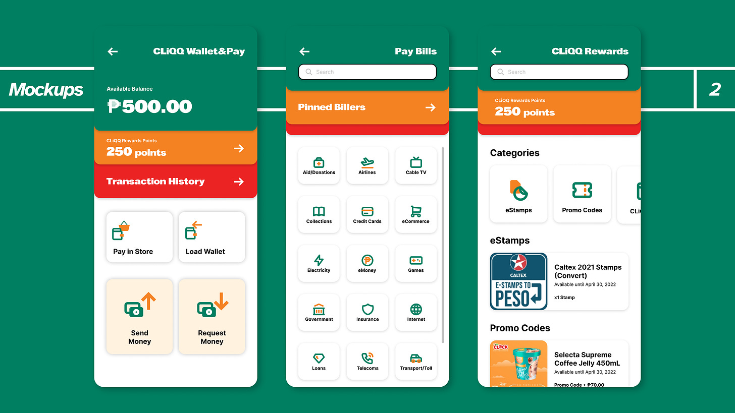 Redesign mockups of the CLiQQ Wallet screen (left), the Pay Bills screen (center), and the Redeem Rewards screen (right)