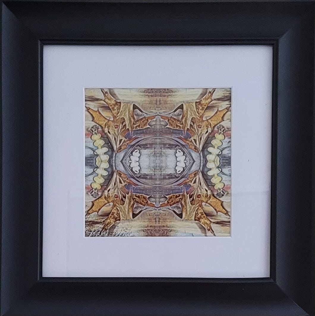 One of my newly framed artworks: dried brown oak leaves, cut butter yellow paper and seeds arranged on a cream, coral and blue painted canvas; photographed and edited into a mirrored kaleidoscope. White matting with a wide black frame.
