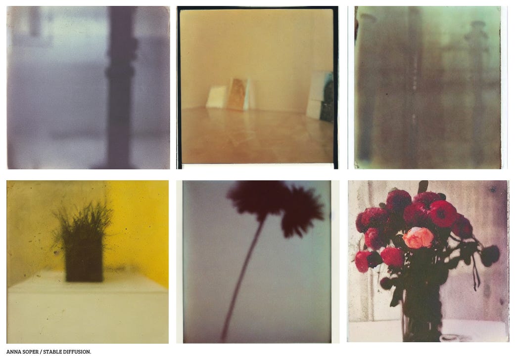 A collage of six square images that resemble Polaroids. They were created by AI, and feature abstract forms, muted colours and still life subjects, like flowers.
